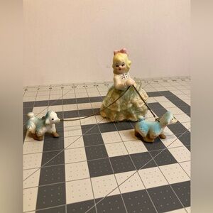 Vintage Girl Walking Blue Poodles Figurines MCM Porcelain Empress Japan
